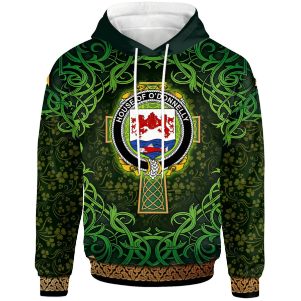 Ireland Hoodie - House of O'DONNELLY Irish Family Crest Hoodie - Celtic Cross Shamrock Patterns