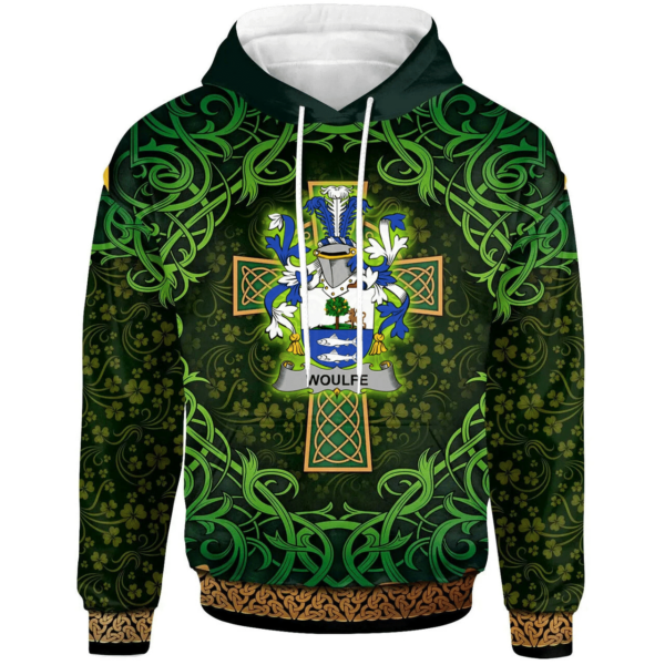 Ireland Hoodie - Woulfe Irish Family Crest Hoodie - Celtic Cross Shamrock Patterns