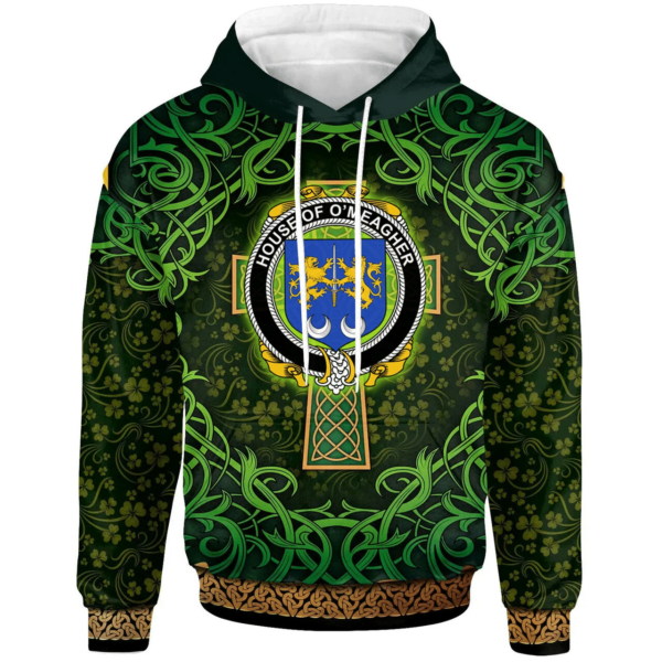 Ireland Hoodie - House of O'MEAGHER Irish Family Crest Hoodie - Celtic Cross Shamrock Patterns