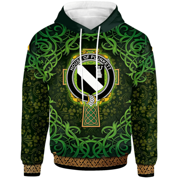 Ireland Hoodie - House of PLUNKETT Irish Family Crest Hoodie - Celtic Cross Shamrock Patterns