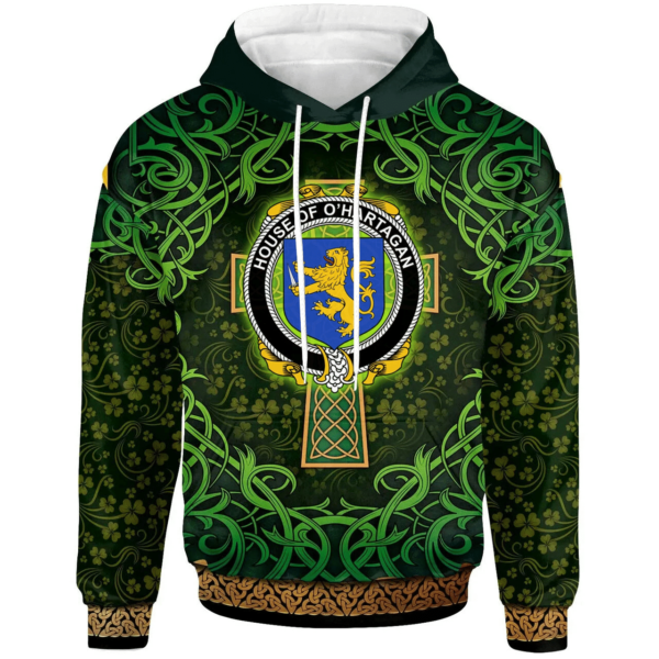 Ireland Hoodie - House of O'HARTAGAN Irish Family Crest Hoodie - Celtic Cross Shamrock Patterns