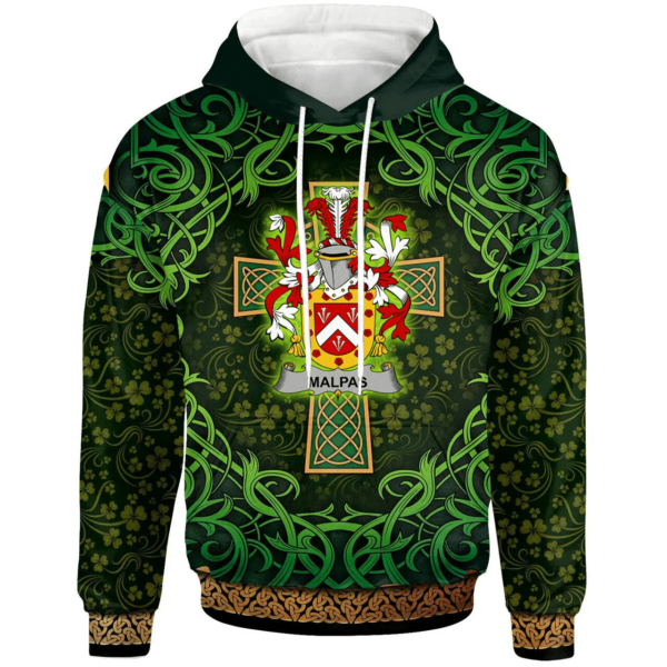 Ireland Hoodie - Malpas Irish Family Crest Hoodie - Celtic Cross Shamrock Patterns