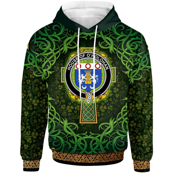 Ireland Hoodie - House of O'HOLOHAN Irish Family Crest Hoodie - Celtic Cross Shamrock Patterns