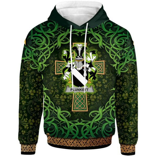 Ireland Hoodie - Plunkett Irish Family Crest Hoodie - Celtic Cross Shamrock Patterns