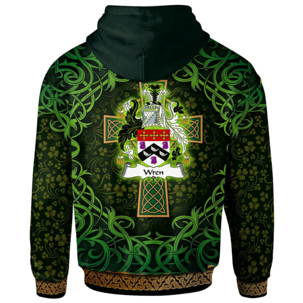 Ireland Hoodie - Wren or Wrenn Irish Family Crest Hoodie - Celtic Cross Shamrock Patterns - Image 2