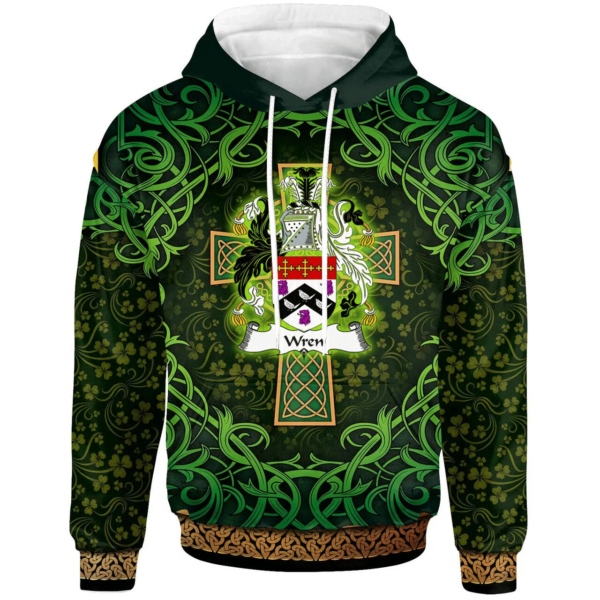 Ireland Hoodie - Wren or Wrenn Irish Family Crest Hoodie - Celtic Cross Shamrock Patterns