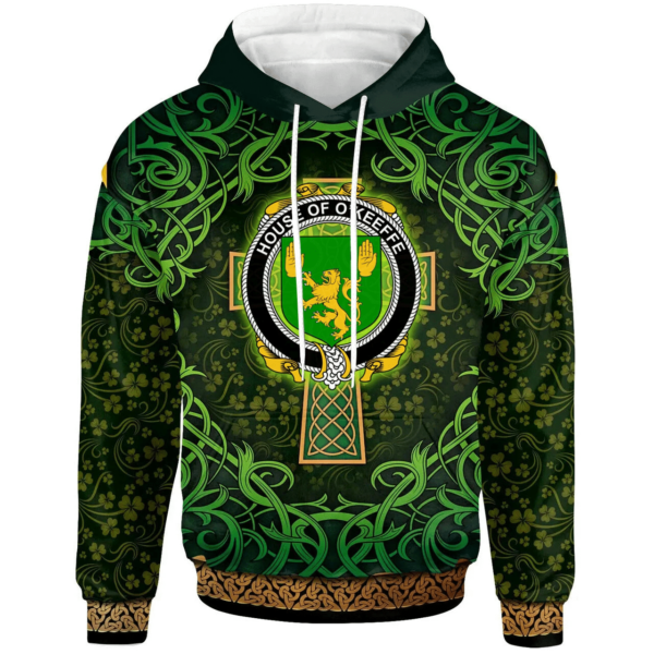 Ireland Hoodie - House of O'KEEFFE Irish Family Crest Hoodie - Celtic Cross Shamrock Patterns