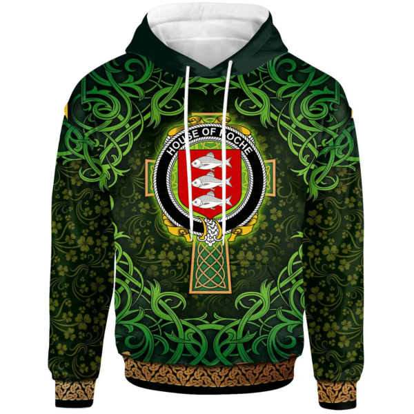 Ireland Hoodie - House of ROCHE Irish Family Crest Hoodie - Celtic Cross Shamrock Patterns