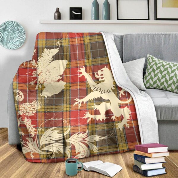 Buchanan Old Set Weathered Clan Blanket, Scottish Tartan Buchanan Old Set Weathered Clans Blanket Thistle Map Style - Image 3