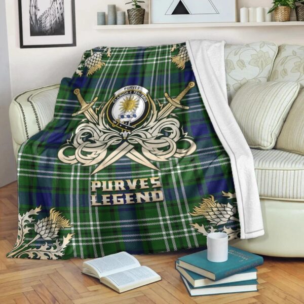 Purves Clan Blanket, Scottish Tartan Purves Clans Premium Blanket Gold Crest Style - Image 3