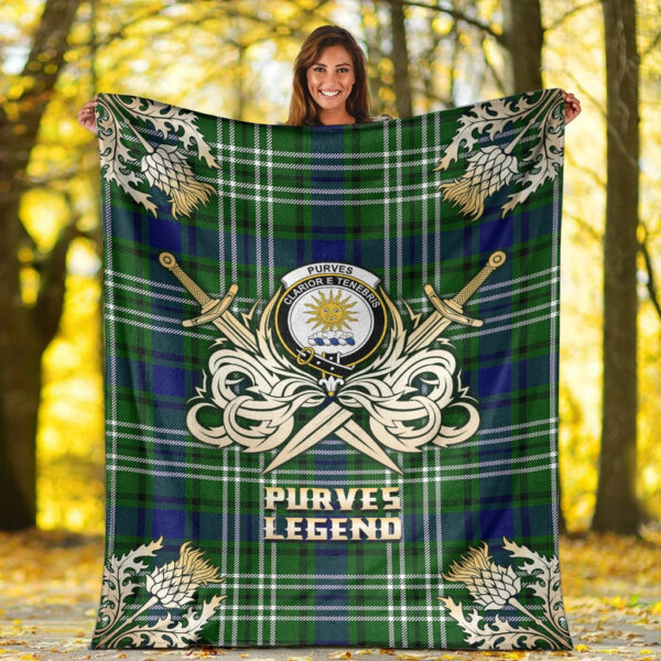 Purves Clan Blanket, Scottish Tartan Purves Clans Premium Blanket Gold Crest Style - Image 2