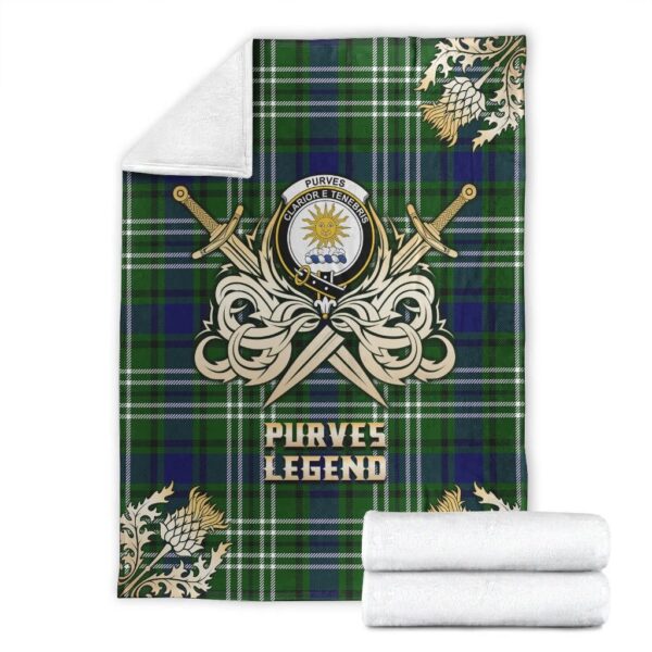 Purves Clan Blanket, Scottish Tartan Purves Clans Premium Blanket Gold Crest Style