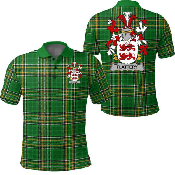 Flattery or O'Flattery Family Crest Ireland Polo Shirt - Irish National Tartan