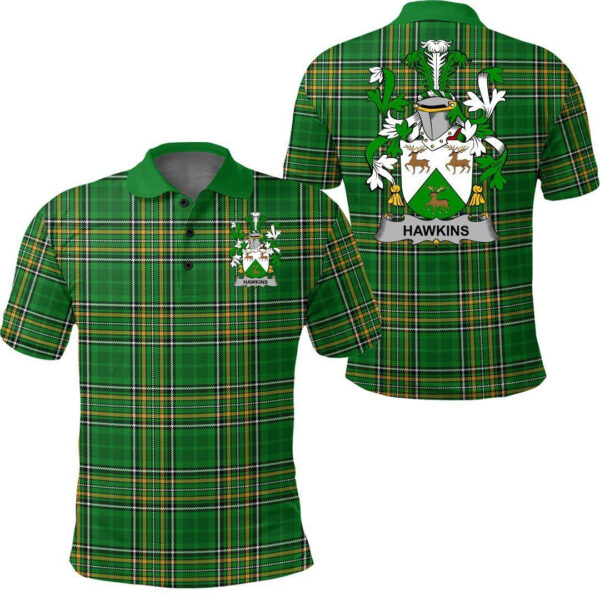 Hawkins or Haughan Family Crest Ireland Polo Shirt - Irish National Tartan