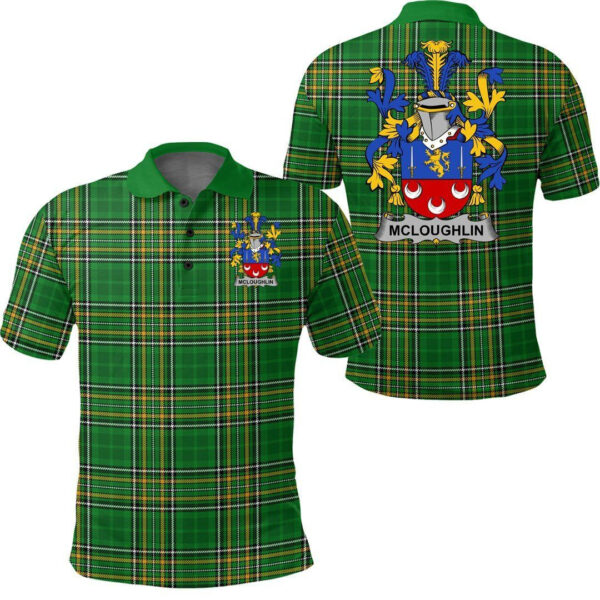 McLoughlin or Loughlin Family Crest Ireland Polo Shirt - Irish National Tartan