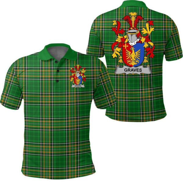 Graves or Greaves Family Crest Ireland Polo Shirt - Irish National Tartan