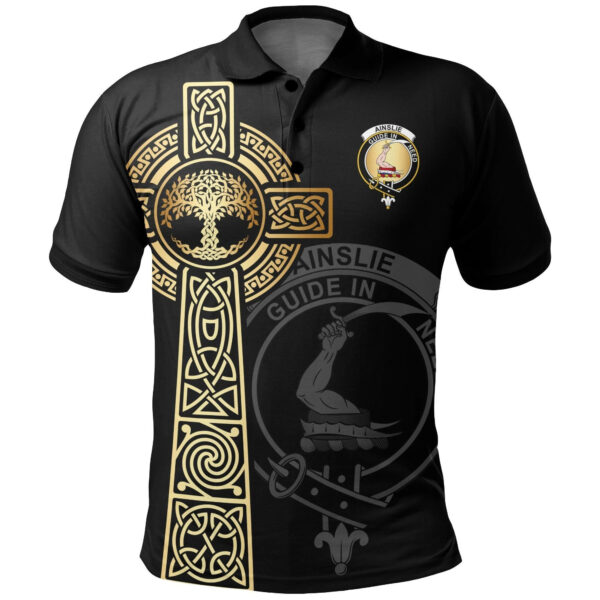 Ainslie Clan Polo Shirt, Scottish Tartan Ainslie Clans Polo Shirt Tree Of Life Style