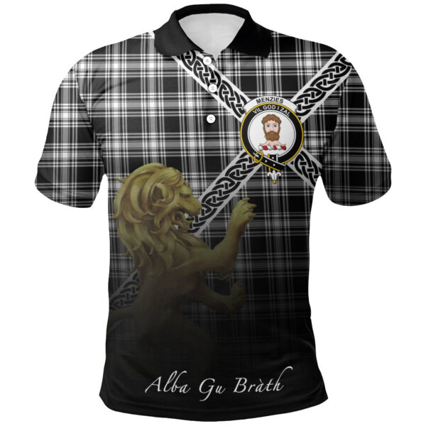 Menzies Black & White Modern Clan Polo Shirt, Scottish Tartan Menzies Black & White Modern Clans Polo Shirt Celtic Lion Style