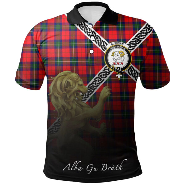 Ruthven Modern Clan Polo Shirt, Scottish Tartan Ruthven Modern Clans Polo Shirt Celtic Lion Style