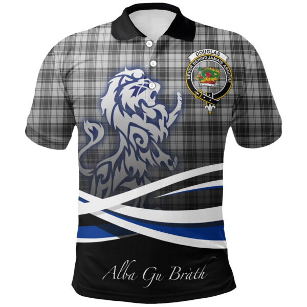 Douglas Grey Modern Clan Polo Shirt, Scottish Tartan Douglas Grey Modern Clans Polo Shirt Crest Lion Style