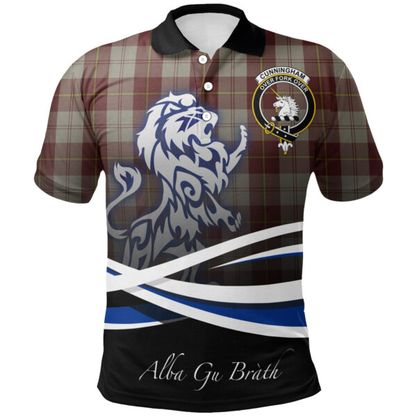 Cunningham Burgundy Dancers Clan Polo Shirt, Scottish Tartan Cunningham Burgundy Dancers Clans Polo Shirt Crest Lion Style