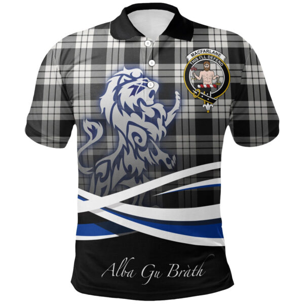 MacFarlane Black & White Ancient Clan Polo Shirt, Scottish Tartan MacFarlane Black & White Ancient Clans Polo Shirt Crest Lion Style