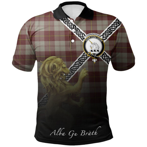 Cunningham Burgundy Dancers Clan Polo Shirt, Scottish Tartan Cunningham Burgundy Dancers Clans Polo Shirt Celtic Lion Style