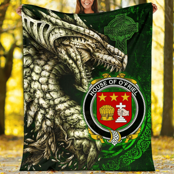 Ireland Premium Blanket - House of O'FRIEL Family Crest Blanket - Dragon Claddagh Cross