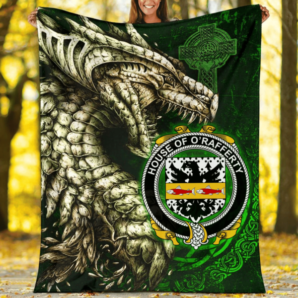 Ireland Premium Blanket - House of O'RAFFERTY Family Crest Blanket - Dragon Claddagh Cross