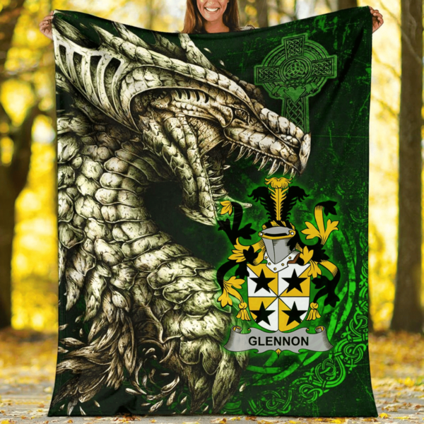 Ireland Premium Blanket - Glennon or Glenane Family Crest Blanket - Dragon Claddagh Cross