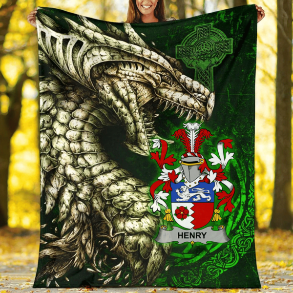 Ireland Premium Blanket - Henry or O'Henry Family Crest Blanket - Dragon Claddagh Cross