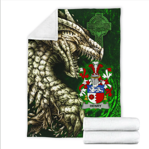 Ireland Premium Blanket - Henry or O'Henry Family Crest Blanket - Dragon Claddagh Cross - Image 2