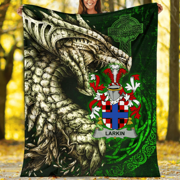 Ireland Premium Blanket - Larkin or O'Larkin Family Crest Blanket - Dragon Claddagh Cross