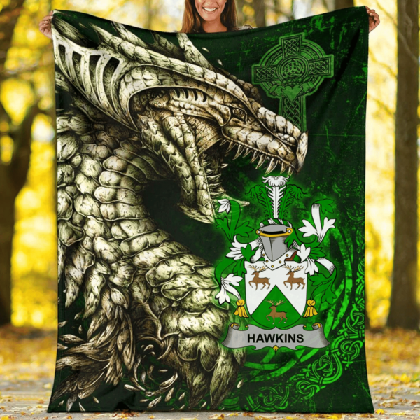 Ireland Premium Blanket - Hawkins or Haughan Family Crest Blanket - Dragon Claddagh Cross