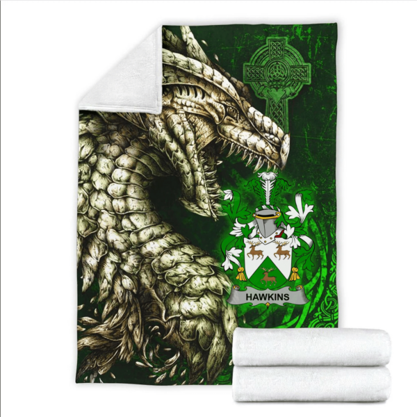 Ireland Premium Blanket - Hawkins or Haughan Family Crest Blanket - Dragon Claddagh Cross - Image 2