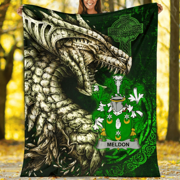 Ireland Premium Blanket - Meldon or Muldoon Family Crest Blanket - Dragon Claddagh Cross