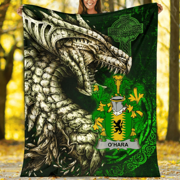 Ireland Premium Blanket - Hara or O'Hara Family Crest Blanket - Dragon Claddagh Cross