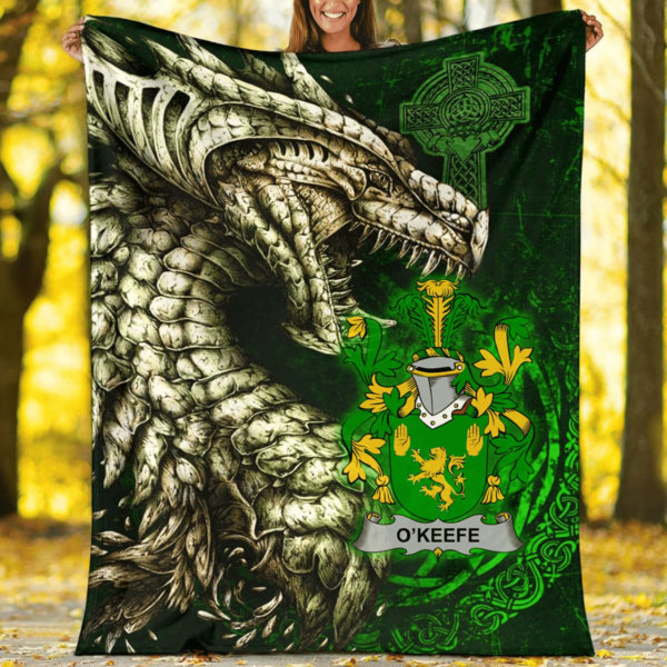 Ireland Premium Blanket - Keefe or O'Keefe Family Crest Blanket - Dragon Claddagh Cross