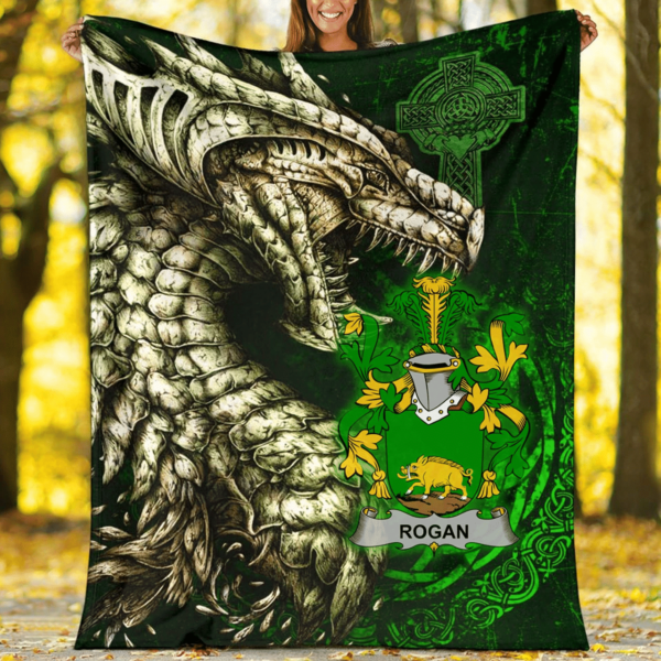 Ireland Premium Blanket - Rogan or O'Rogan Family Crest Blanket - Dragon Claddagh Cross