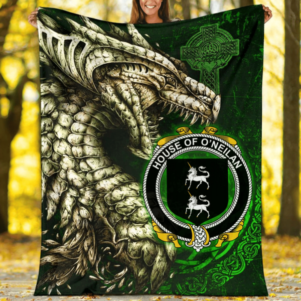 Ireland Premium Blanket - House of O'NEILAN Family Crest Blanket - Dragon Claddagh Cross