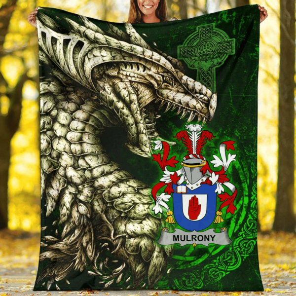 Ireland Premium Blanket - Mulrony or O'Mulroney Family Crest Blanket - Dragon Claddagh Cross