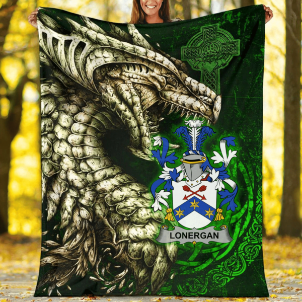 Ireland Premium Blanket - Lonergan or O'Lonergan Family Crest Blanket - Dragon Claddagh Cross