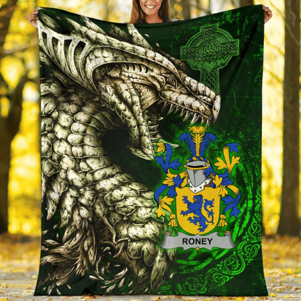 Ireland Premium Blanket - Roney or O'Rooney Family Crest Blanket - Dragon Claddagh Cross