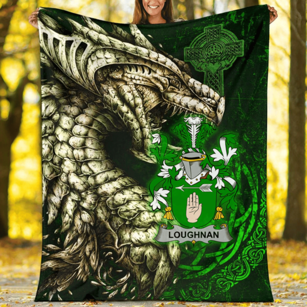 Ireland Premium Blanket - Loughnan or O'Loughnan Family Crest Blanket - Dragon Claddagh Cross