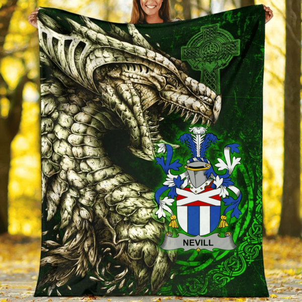 Ireland Premium Blanket - Nevill or Neville Family Crest Blanket - Dragon Claddagh Cross