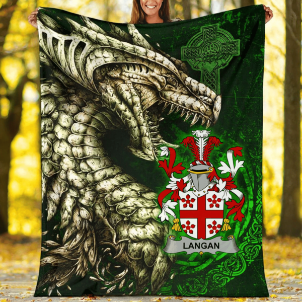 Ireland Premium Blanket - Langan or O'Longan Family Crest Blanket - Dragon Claddagh Cross