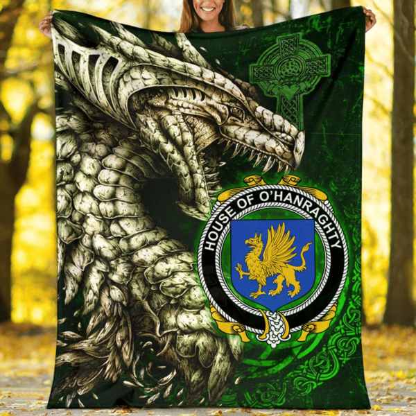 Ireland Premium Blanket - House of O'HANRAGHTY Family Crest Blanket - Dragon Claddagh Cross