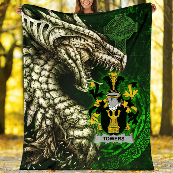 Ireland Premium Blanket - Towers Family Crest Blanket - Dragon Claddagh Cross