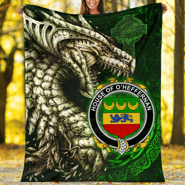 Ireland Premium Blanket - House of O'HEFFERNAN Family Crest Blanket - Dragon Claddagh Cross