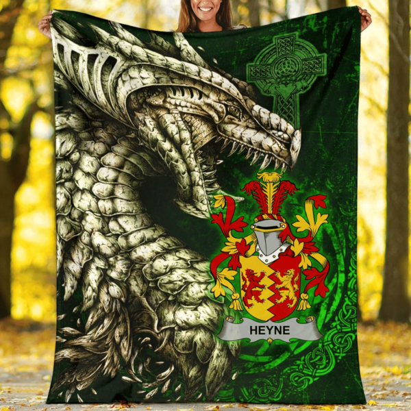 Ireland Premium Blanket - Heyne or O'Heyne Family Crest Blanket - Dragon Claddagh Cross